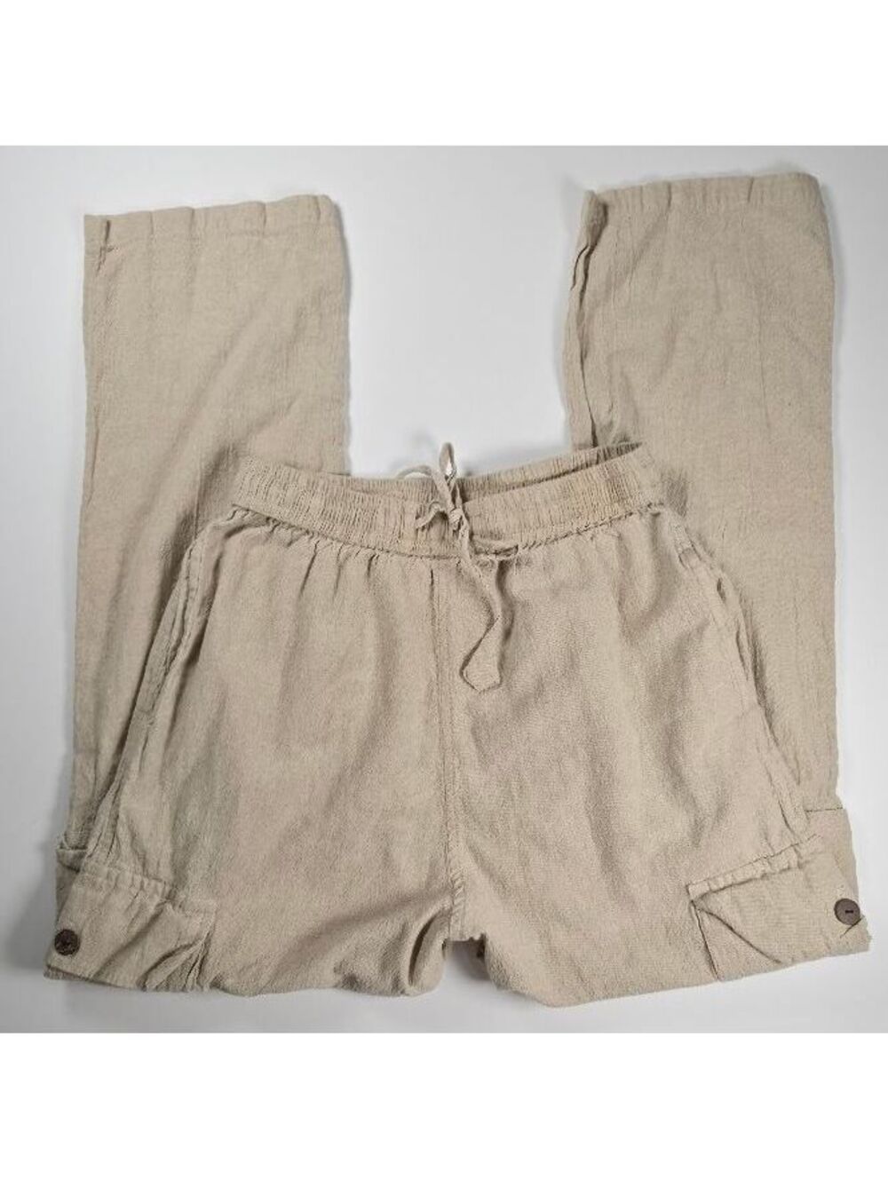 Earthbound Trading Co Beige Linen Blend Cargo Pants Drawstring Boho Women’s S